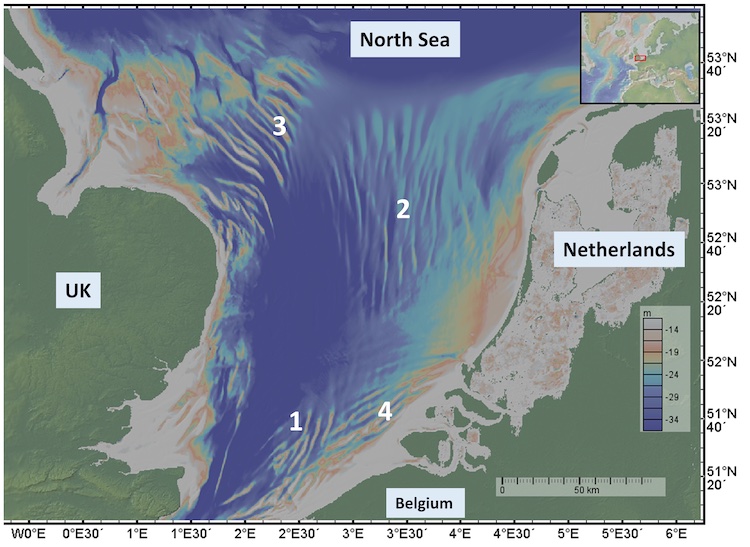 Bathymetric map of observed fields of tidal sand ridges