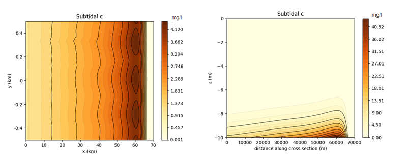 Fig 1. Preliminary results of the subtidal Suspended Sediment Concentration (SSC) in a rectangular estuary with a flat bed and prescribed salinity field. Here, x is the longitudinal coordinate, y the lateral coordinate and z the vertical coordinate. Left, top view of the depth-averaged SSC and right, a longitudinal cross-section of the SSC at y=0. 