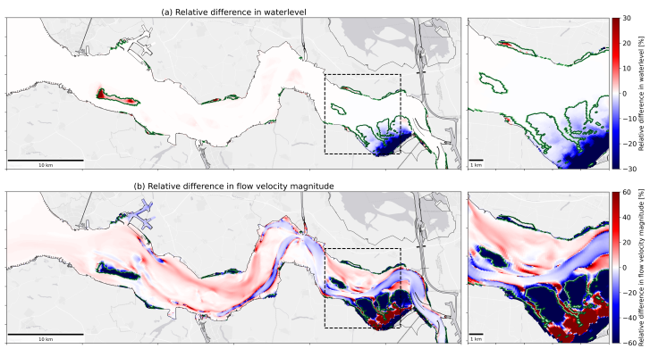 Figure 1: Relative difference ((vegetated – unvegetated)/unvegetated *100) in (a) water levels and (b) flow velocity magnitude during high tide at storm conditions (Sinterklaasstorm 2013), Western Scheldt, the Netherlands. Extent of vegetation is indicated with the green contour lines.