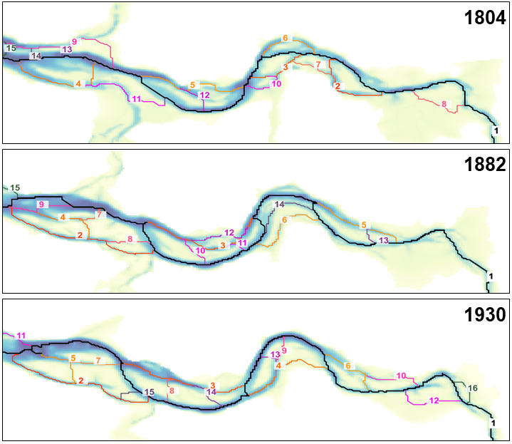 Figure 1: Channel networks derived for the historic Western Scheldt, from top to bottom for 1804, 1882 and 1930. Channel numbers indicate their importance, where the black line (1) is the main channel. 