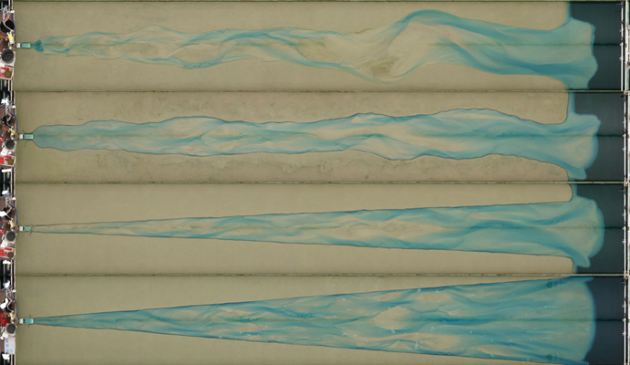 Figure 1. Orthophoto imagery of estuarine morphology in the Metronome at selected tidal cycles. The panels display the different bank configurations of the experiments conducted in this study.