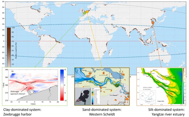 Maps of estuaries from van Maren et al. (2020) for Zeebrugge harbor, Bolle et al. (2010) for the Western Scheldt, and Feng et al. (2020) for the Yangtze river estuary overlain on muddy coasts of the world from Hulskamp et al. (2023)