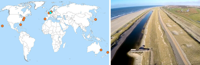 Left: a map of the hybrid dune cases in the inventory. Blue dot: the Hondsbossche Sea Dike, shown on the right