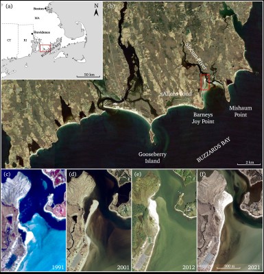 (a) Location of the area of interest in western Buzzards Bay, South Massachusetts, USA. The red rectangle indicates the location of panel b. (b) Slocums Embayment at the mouth of Buzzards Bay, bounded by two headlands: Barneys Joy Point and Mishaum Point. West of Barneys Joy Point is Allens Beach and Allens Pond. The red rectangle indicates the location of panels c-f. (c-f ) Temporal evolution of the spit at Slocums River inlet, in 1991, 2001, 2012 and 2021.