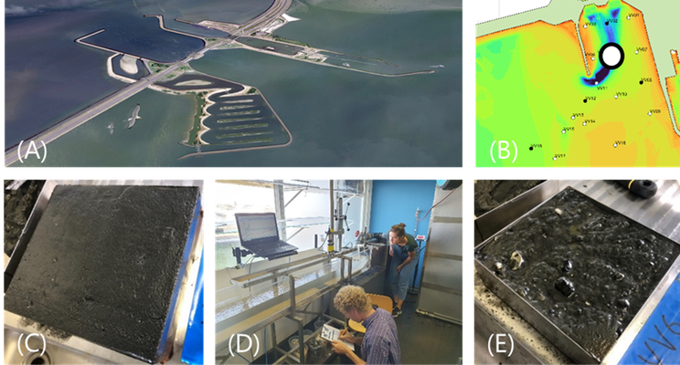 Figure 1: (A) Artist impression VMR, (B) Location bed samples, (C) Sample prior to erosion experiment (D) Set-up of flume in lab WaterProof, (E) Bed sample after execution of erosion experiment.