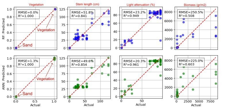 Figure 1: Scatterplots indicating the RF (upper row) and ANN (lower row) model performance for the detection of vegetation (0-1), stem length (cm), ligth attenuation (cm) and biomass (gr/m2).