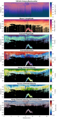 Figure 1 ~ Signature100 track. Top to bottom: Relative volume backscatter (Sv); Beam 1 amplitude; Current magnitude; Current direction; Along-channel velocity. Across-channel velocity. Along-channel horizontal velocity shear. Black values are below the quality threshold (-110 dB for the echosounder, 35 dB amplitude + 50% correlation for currents). 