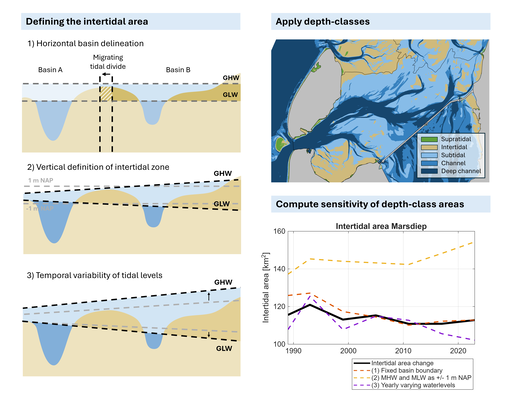 An overview of the three methodological degrees of freedom in defining the intertidal area analysed in this study, and their influence on the intertidal area of the Marsdiep (example)