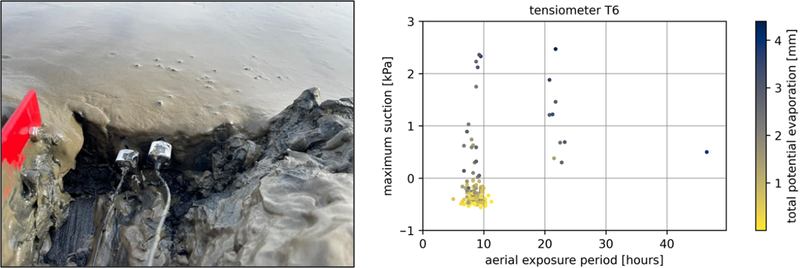 Caption: Left: Installation of tensiometers in the sediment bed of an intertidal mudflat during low water. Right: Measured suction in the bed (i.e., pore-pressure below atmospheric pressure) at one of the instruments in relation to the duration of the aerial exposure period and the total potential evaporation over that period.