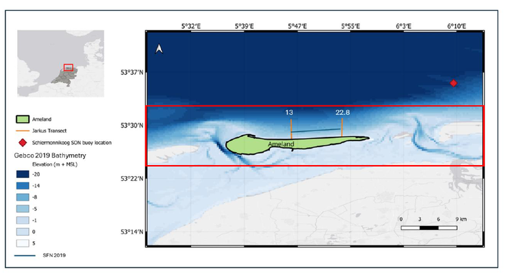 Shoreface Nourishment (SFN) location placed in Ameland in 2019 between JARKUS Transects 13 and 22.8. The proposed model domain for the Delft3D-FM (D-Flow Model) is shown within a red boundary