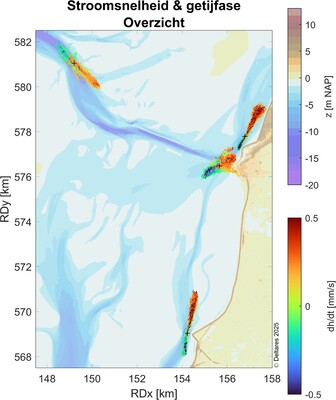 Grootte en richting van de gemeten snelheidsvectoren op de vier meetlocaties tijdens de gehele meetperiode. De meetlocaties zijn weergeven met een +. Schaal stroomsnelheden: 1 m/s : 1 km op de achtergrondkaart. De kleur toont de verandering van de waterstand en daarmee een indicatie van de fase in het getij.