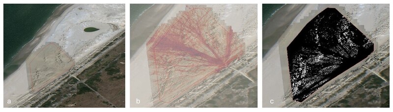 Fig 1. a) aerial overview research area, the red line delineates the research area, b) heat map of footsteps from July 2022, c) accumulated surface costs for July 2022, white high costs, black low costs.