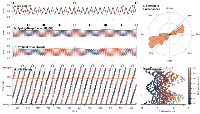Tidal dynamics explain the intraday timing of flood peaks at Boston: (a.) heights of the principal lunar (M2, black) and solar (S2, orange) tidal constituents at Boston, MA (NOAA ID: 8443970) over half a lunar cycle; (b) combined M2 and S2 signal over two lunar cycles, illustrating spring–neap modulation; (c) full tidal prediction using all 37 NOAA tidal constituents (relative to NAVD88, the standard North American vertical datum); (d) timing (in UTC) and height of predicted high waters in the year 2025 (relative to NAVD88); black and orange lines indicate the timing of M2 and S2 peaks, respectively; (e) timing of threshold exceedances above NOAA’s minor flood level (2.078 m+NAVD88); (f) predicted high water heights (relative to NAVD88) and their intraday timing are largely controlled by the tidal elevation