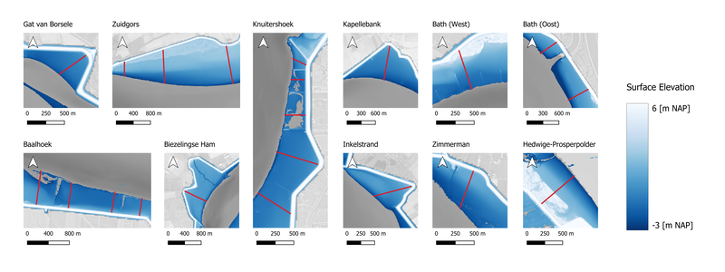 Selected cross-shore transects throughout the Western Scheldt estuary to assess sediment errodibility (2025 vaklodingen taken from https://downloads.rijkswaterstaatdata.nl/).