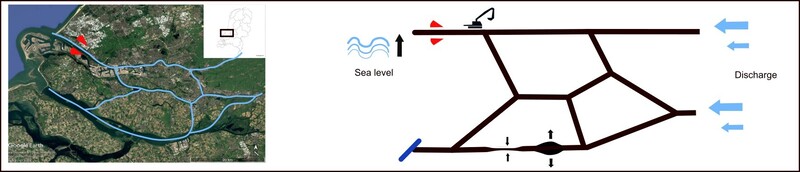 Figure 1: On the left, satellite image of study area, blue indicates main channels of the system and red indicates location of the Maeslant Barrier. On the right, conceptual figure of study area translated into model schematization. Choices in boundary conditions and schematization for different scenarios (sea level, discharge, channel deepening, widening or narrowing) indicated by illustrations.  