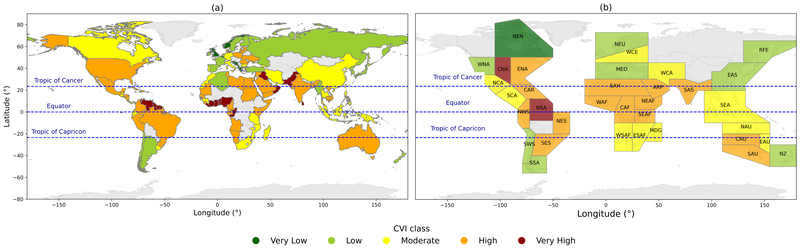 Median CVI classes calculated at the (a) country level, (b) IPCC AR6 region level.  