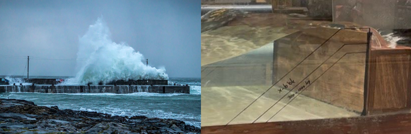 Overtopping at Inis Oirr breakwater as observed in the field (left) and the lab (right).