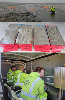Field sampling (upper), Sampled beds (center), Field flume tests (lower)